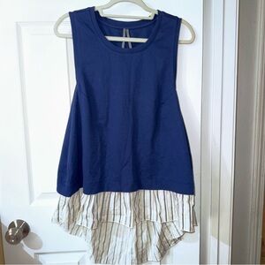 Navy Blue Striped Ruffle Hem Sleeveless Open Back Twofer by Anthropologie Top XL
